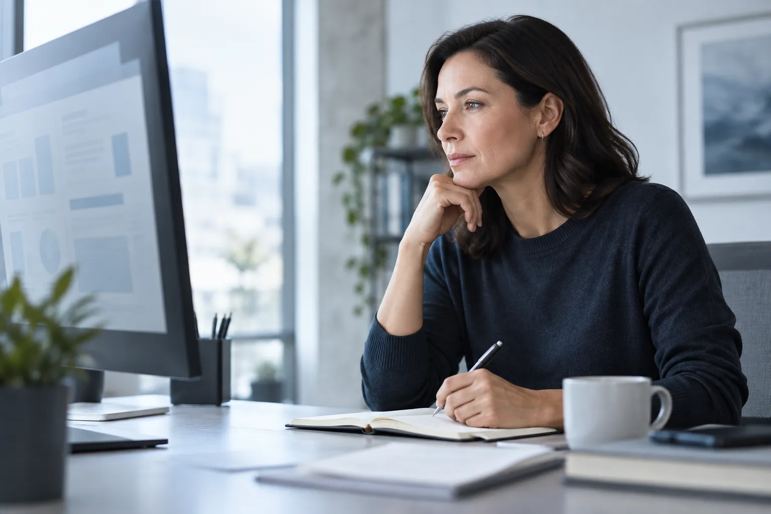 Editorial photograph — a person reviewing work on screen before making a decision.