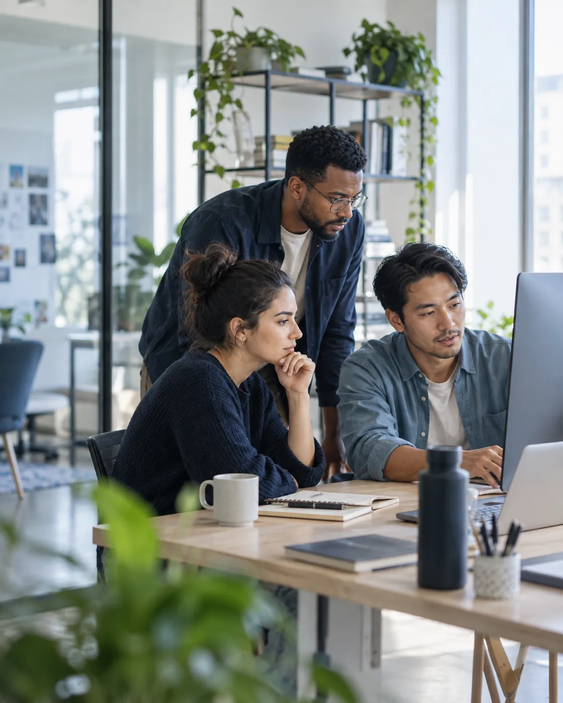 Three colleagues collaborating around a screen in a light-filled workspace.