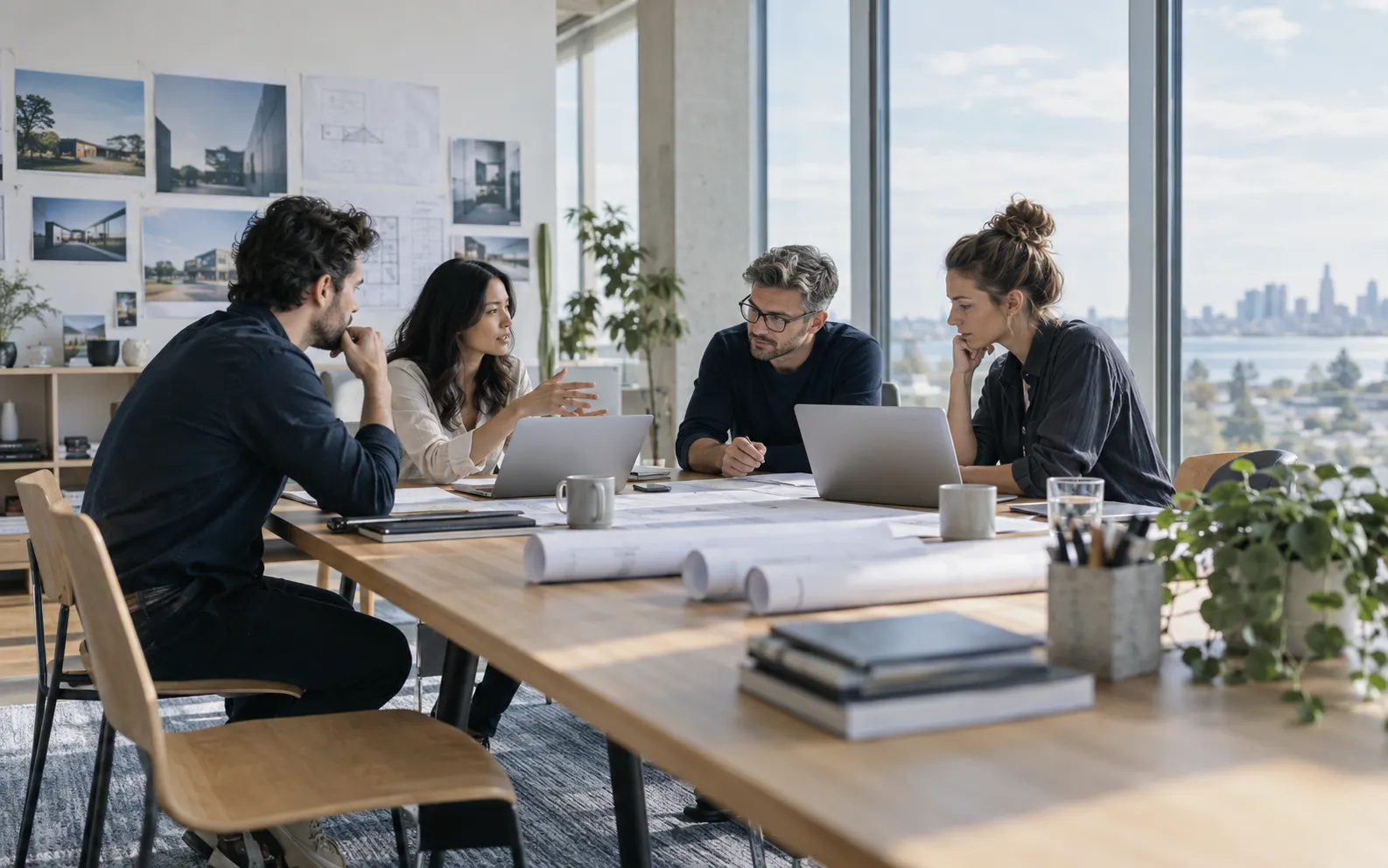 Four colleagues in a focused cross-functional working session around a shared table.