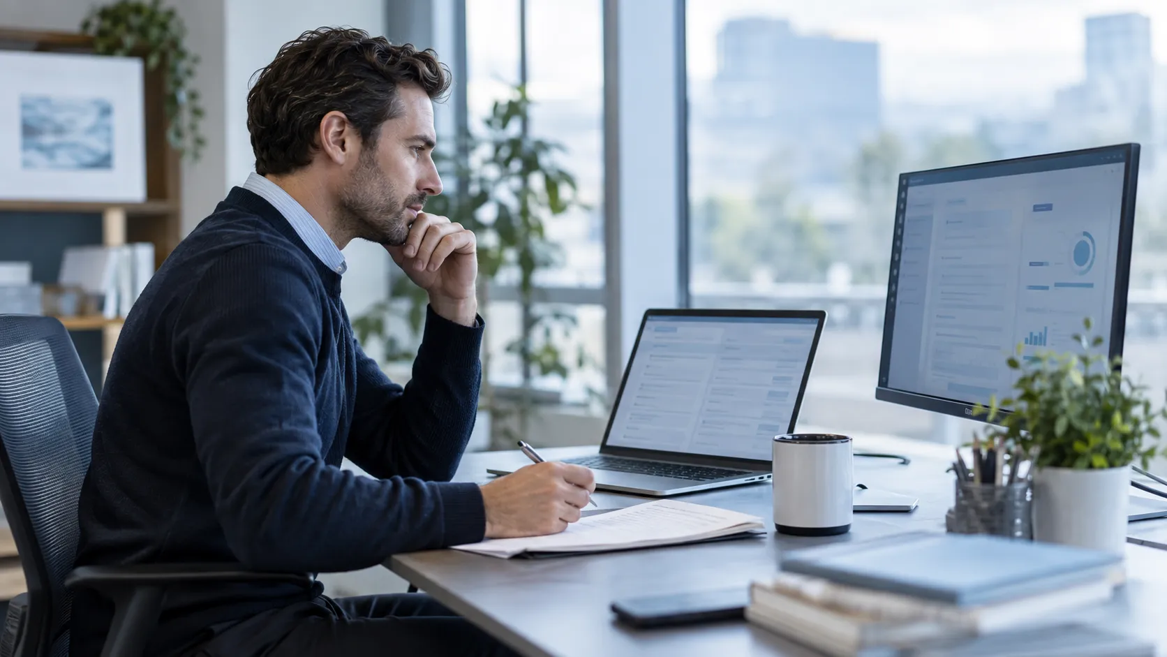 A B2B seller reviewing account information across a laptop and desktop display.